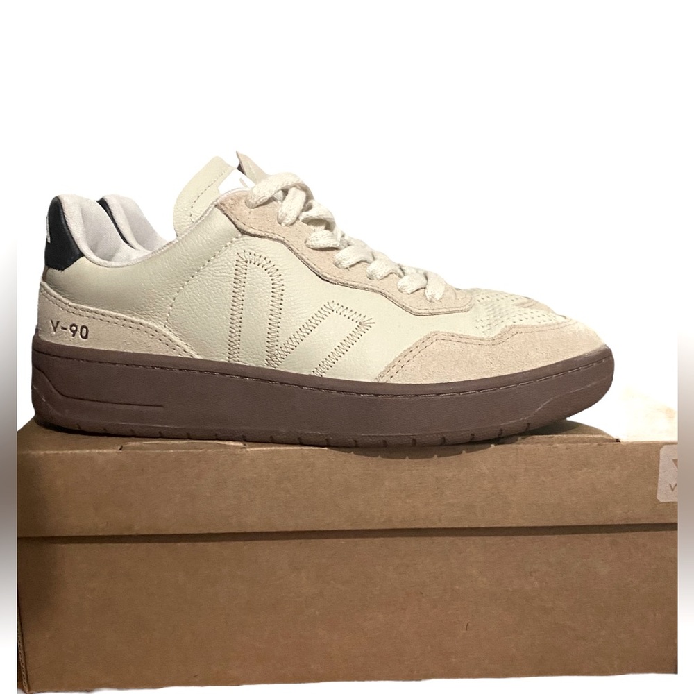 Women’s Veja V-90 ZZ Gold and Neutral Sneaker - Picture 2 of 10
